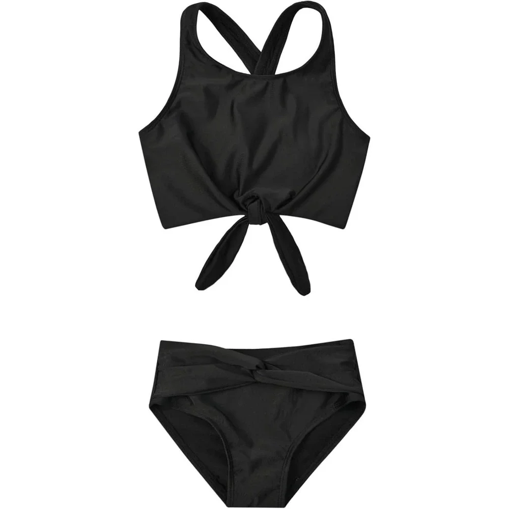 Girls Black Swimsuit‎ Set, Crisscross Back Tankini, Knotted High Waisted 6-7Y